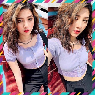 🍓Áo Croptop cổ vuông ⚡FREESHIP⚡ Áo thun croptop viền ren form ôm cực đẹp🍓📸có hình thật tự chụp📸Ôm dáng vải mềm