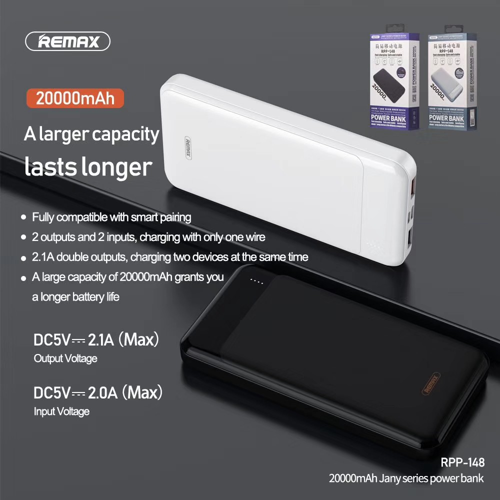 Pin sạc dự phòng Remax RPP-148 20000mAh lõi Li-Polymer 2 cổng sạc Input/Output - Hãng phân phối chính thức