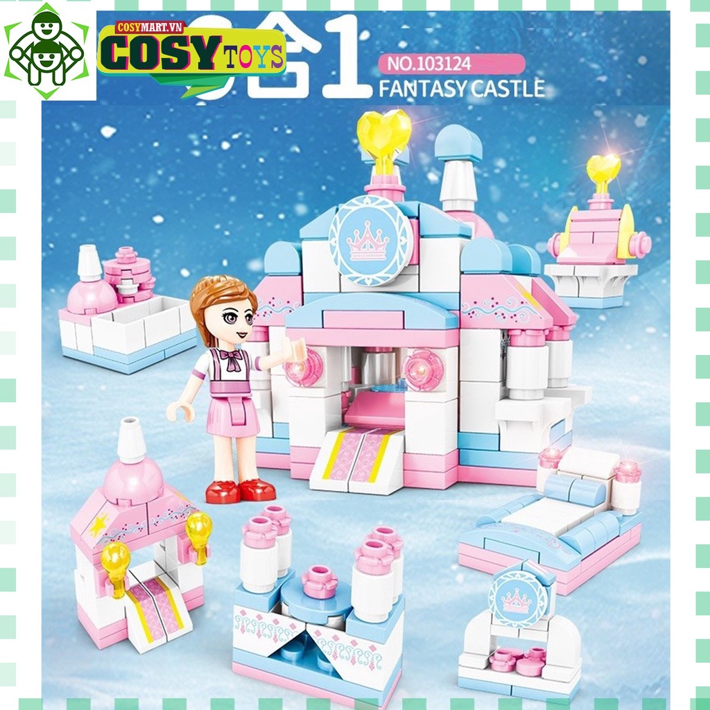 Đồ chơi lắp ghép xếp hình Lâu đài công chúa 6 in 1 với 150 mảnh ghép, mẫu lâu đài lớn và nhiều chi tiết cho bé
