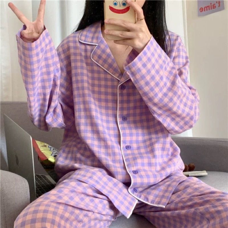 Bộ đồ ngủ nữ Pyjama kẻ sọc caro tay dài phong cách Hàn Quốc | BigBuy360 - bigbuy360.vn
