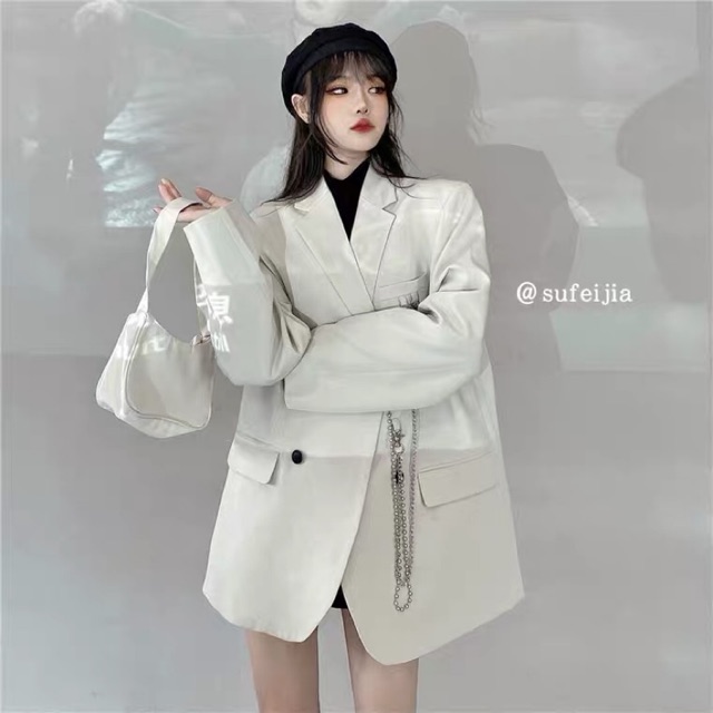 (Order 2 tuần) Áo blazer hai màu đen và be kèm chain dáng oversized cho nam và nữ Ulzzang (ảnh thật)