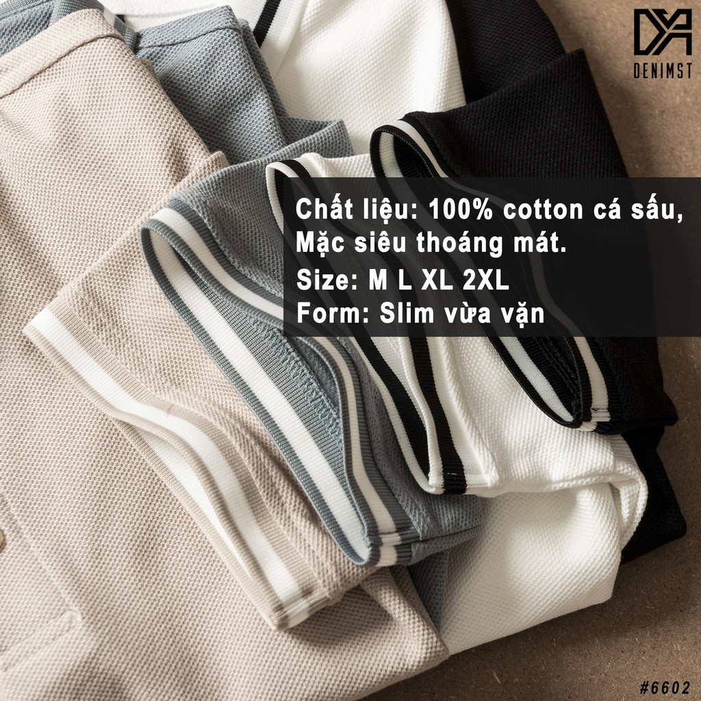 Áo thun nam cổ bẻ kẻ viền DENIMST vải cotton đan hình kim cương, dàn dặn, mềm mại form relagur fit 6602