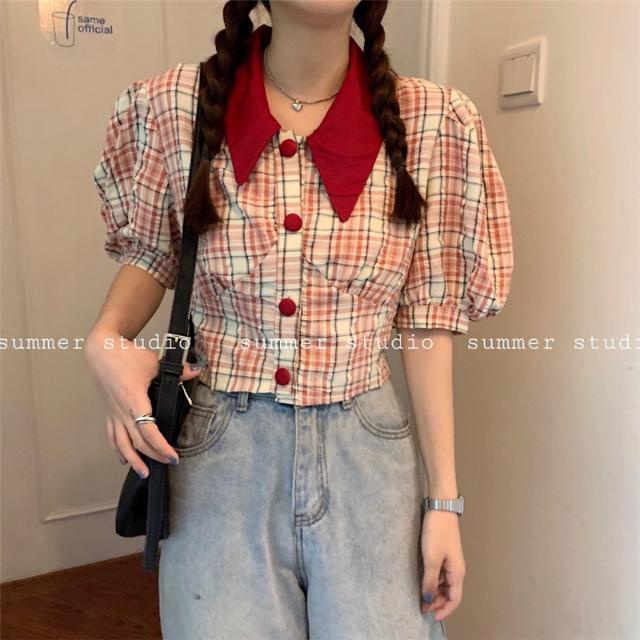 Áo Sơ Mi Tay Ngắn Phồng Cổ Búp Bê Họa Tiết Kẻ Sọc Thời Trang Mùa Hè 2022 Mới Phong Cách Hàn Quốc Cho Nữ