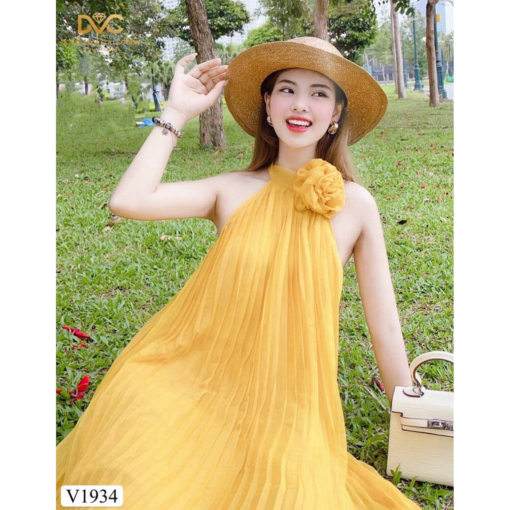 Váy maxi vàng dập li V1934- QUEEN SHOP DOLCE VIVA COLLECTION(ảnh người mẫu+ảnh trải sàn do shop chụp tự chụp)