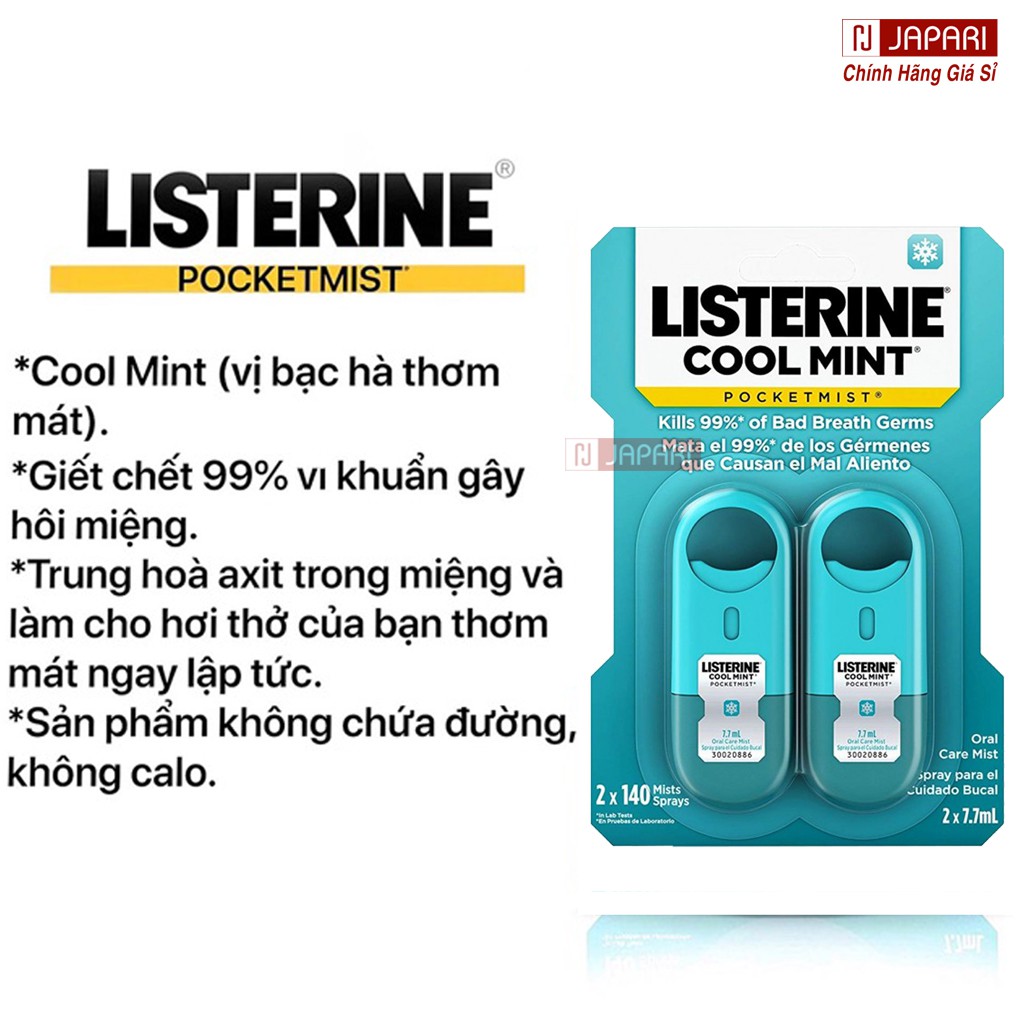 Xịt Thơm Miệng Listerine / Greenlux Chính Hãng - Chai Xịt Thơm Miệng Thảo Dược Bạc Hà Khử Mùi Hôi Miệng - japari