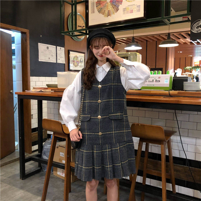 Set Đầm ôm Ca Rô Dài Tay Cổ Bẻ + Áo Khoác Cộc Tay Cổ Bẻ Thời Trang Cho Nữ