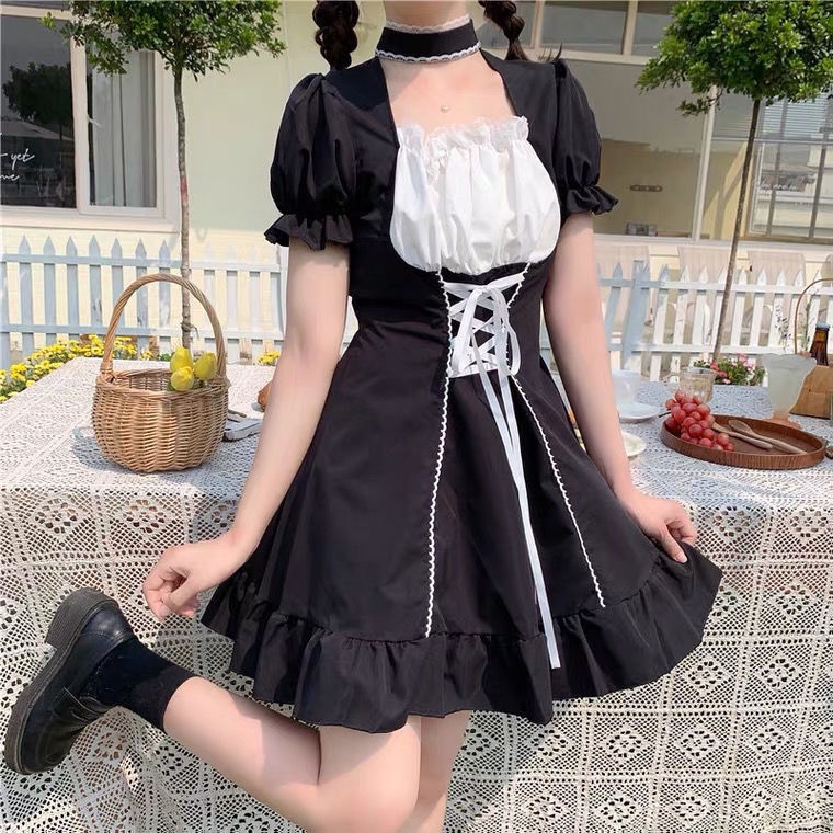 Đầm tay phồng phối dây buộc eo phong cách Lolita Nhật Bản xinh xắn đáng yêu - Hàng mới về