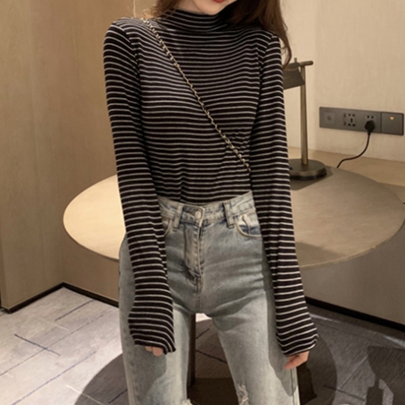 NRVP Half-high collar bottoming shirt 2020 spring and autumn slim ladies striped tops long-sleeved t-shirt with autumn women clothes