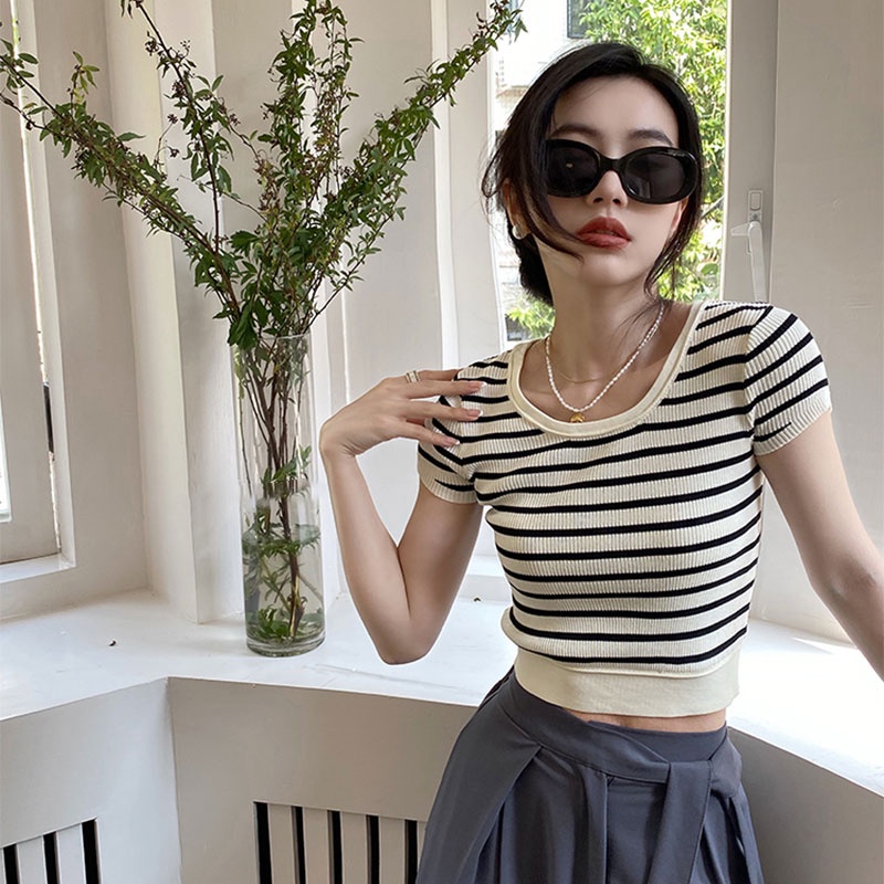 Áo Thun Dệt Kim Cổ Tròn Dáng Ôm Họa Tiết Kẻ Sọc Màu Sắc Tương Phản Thời Trang Cho Nữ