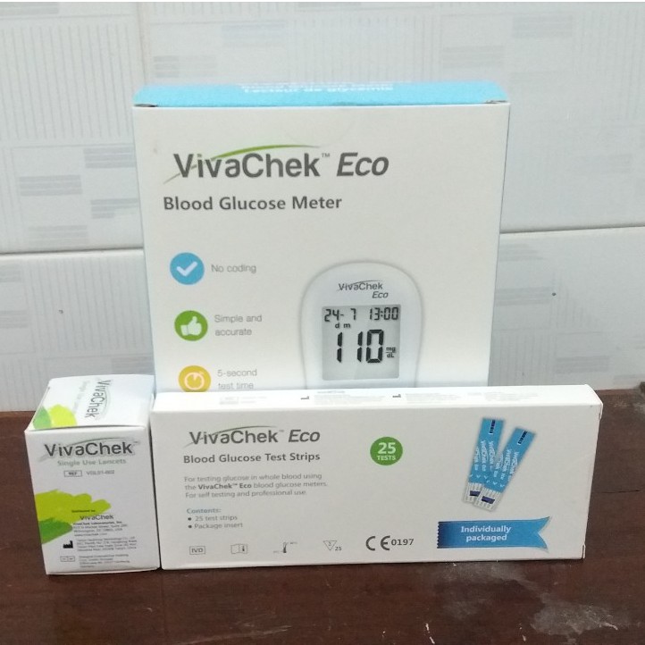 Máy đo đường huyết VivaChek Eco kèm 100 kim lấy máu và 25 que thử đường huyết