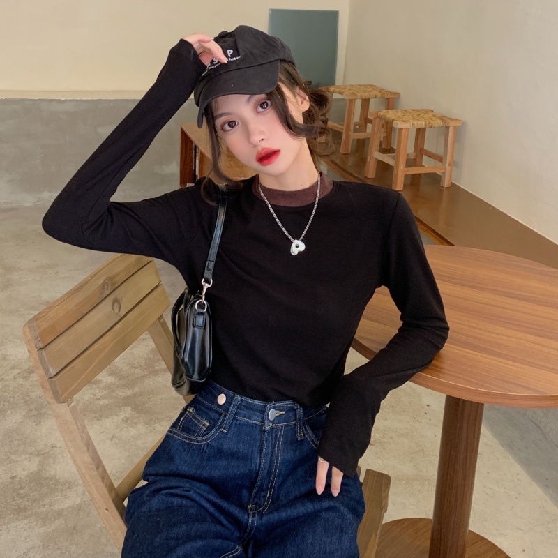 ZHELIHANGFEI Áo Thun Dài Tay Cao Cổ Màu Sắc Đơn Giản Thời Trang