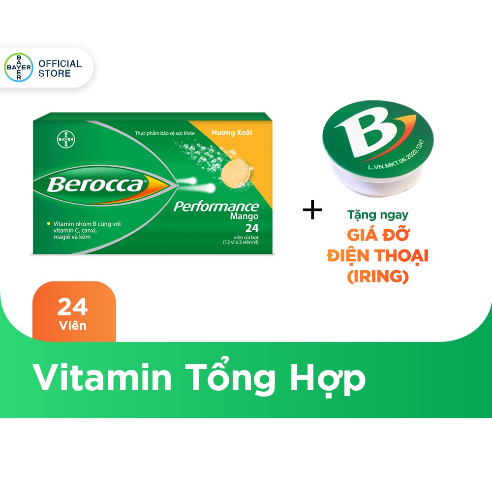 Viên sủi bổ sung Vitamin Berocca Performance Mango 24 Viên - Tặng 1 móc gắn điện thoại