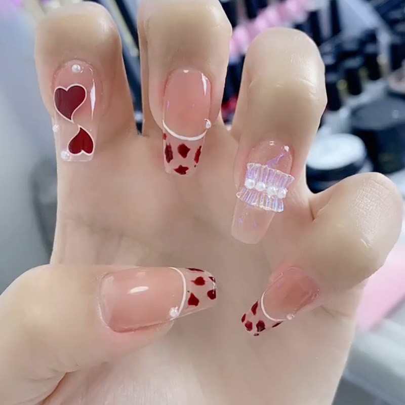 Set 24 móng tay giả tone hồng đẹp xinh xắn đính charm, đá CD