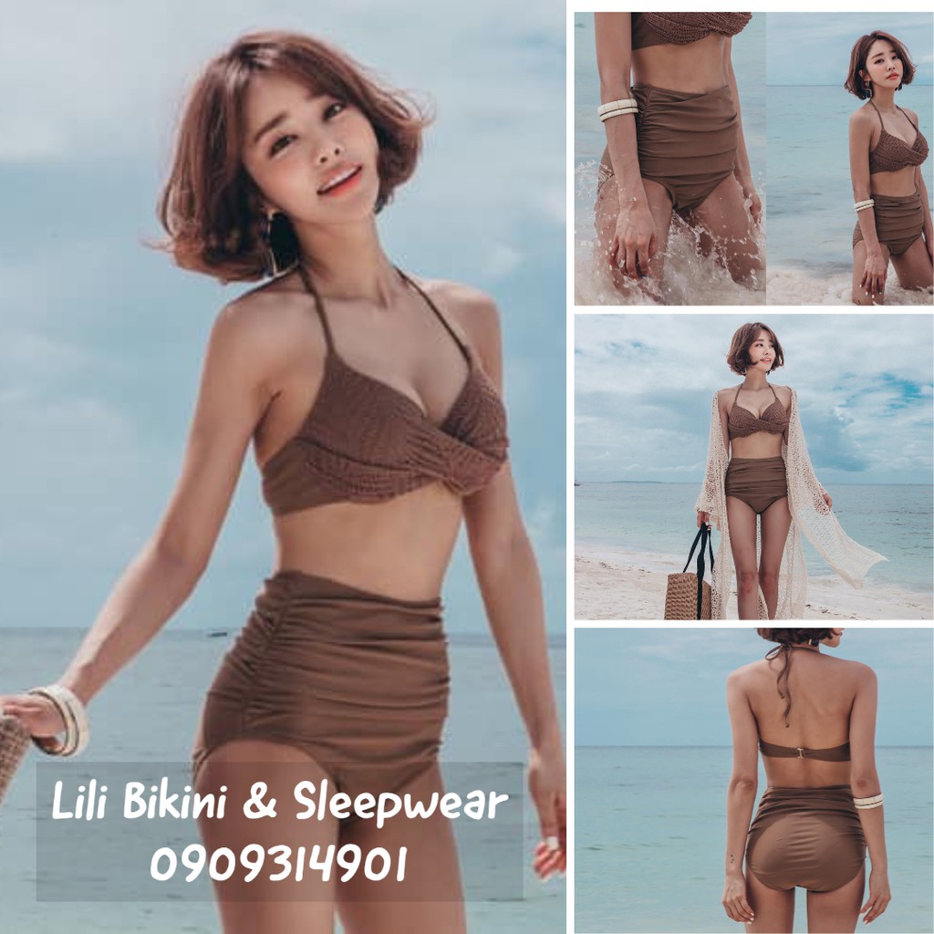 Bikini màu Nâu Tây kiểu Hàn Quốc, áo dạng vải lưới mềm mịn, độc lạ và quần cạp cao giấu bụng | BigBuy360 - bigbuy360.vn