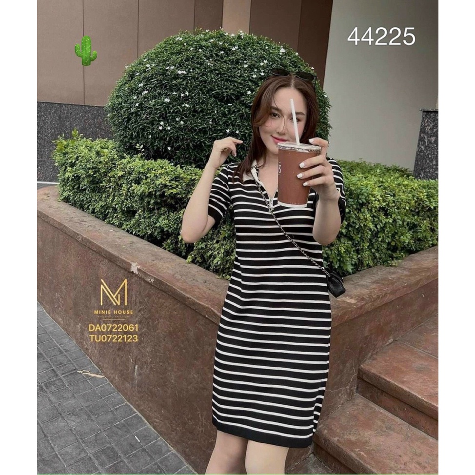 Đầm nữ cổ bẻ khóa kéo tay ngắn  sọc ngang dáng xuông chất bozip ( ảnh thật )