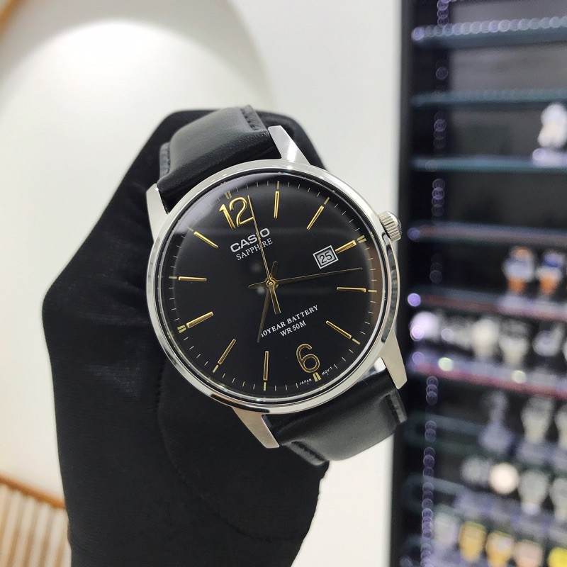 Đồng hồ Casio nam MTS-110L-1A kính Sapphire, dây da thật, chống nước 50m, hàng chính hãng