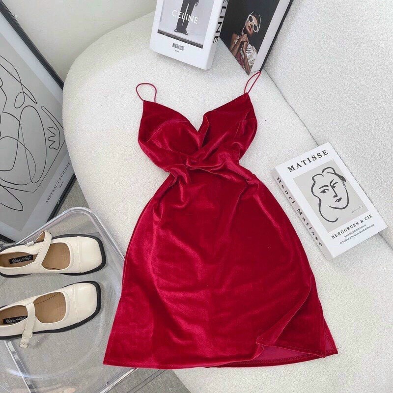 đầm body nhung 2 dây phối áo khoác gân đũi