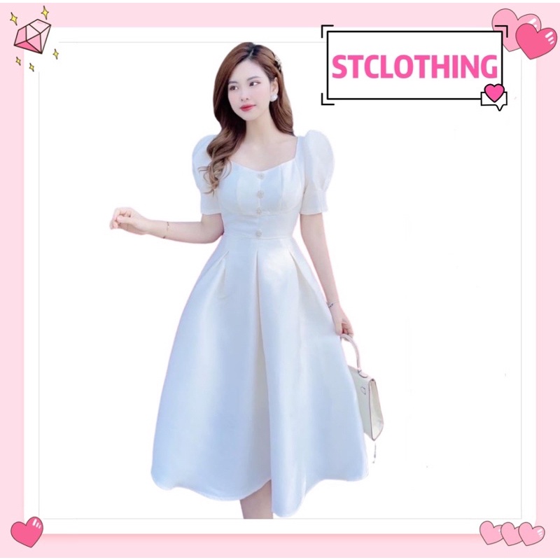 Váy nữ dự tiệc tay ngắn dáng xoè , cổ vuông hàng nút ,cho nàng dự tiệc siêu xinh
