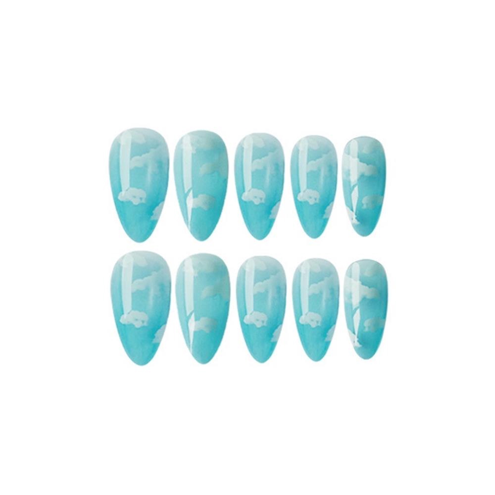 Bộ 24 móng tay giả màu xanh dương hình đám mây có keo dán