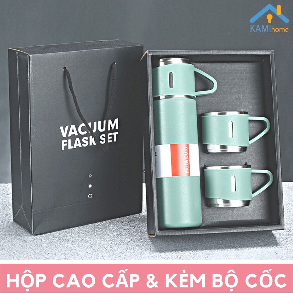 Bình nước giữ nhiệt inox nắp có quai Kèm 2 Cốc-Đóng hộp quà tặng cao cấp-cỡ 500ml mã 22050