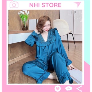 Bộ Lụa Mặc Nhà Quần Dài Tay Phối Ren Bèo Tiểu Thư Freesize dưới 57kg