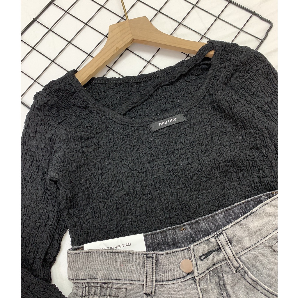 Áo croptop nữ cổ tròn dài tay Bingshop vải xốp nhún co giãn siêu xinh