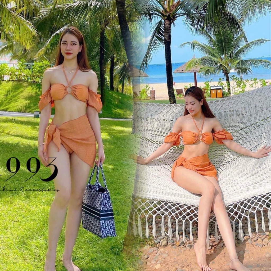 Set bikini đũi xốp kèm khăn quấn tay trễ vai nhiều màu S07