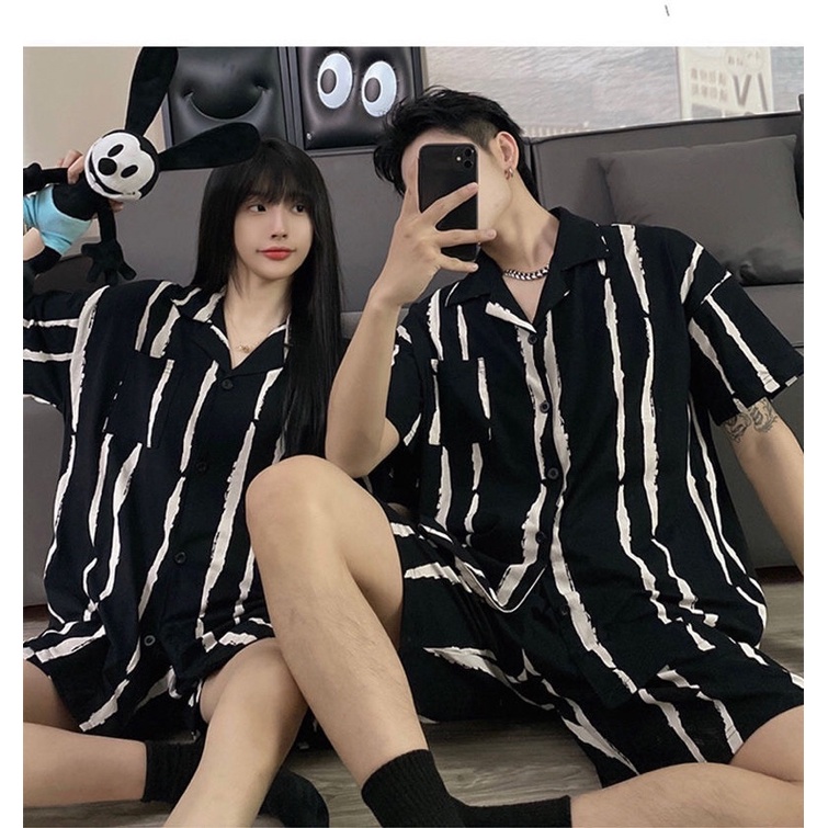 Bộ đồ ngủ nam nữ cộc tay kẻ vằn chất xịn siêu thoáng và thoải mái