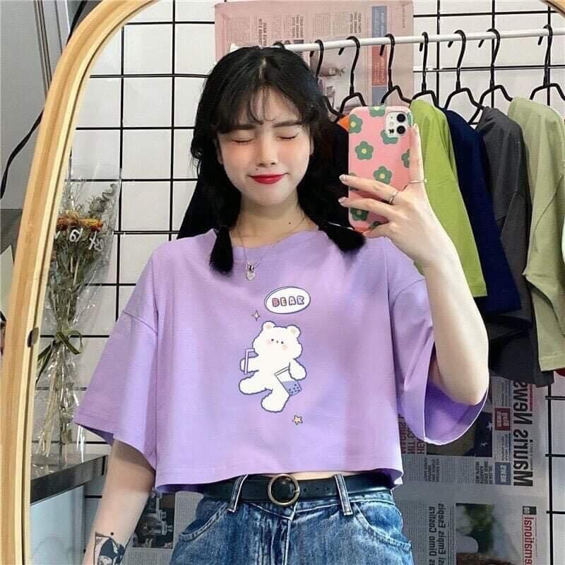 Áo croptop nữ tay ngắn in hình chú gấu Bear