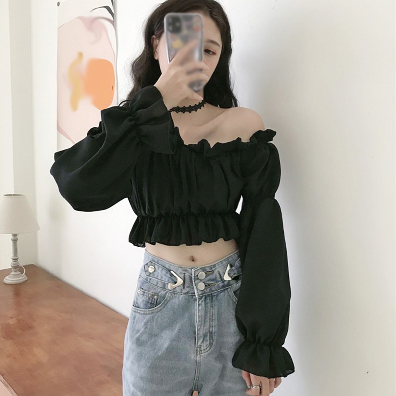 Áo Croptop Trễ Vai Tay Dài Thiết Kế Màu Trơn Thanh Lịch