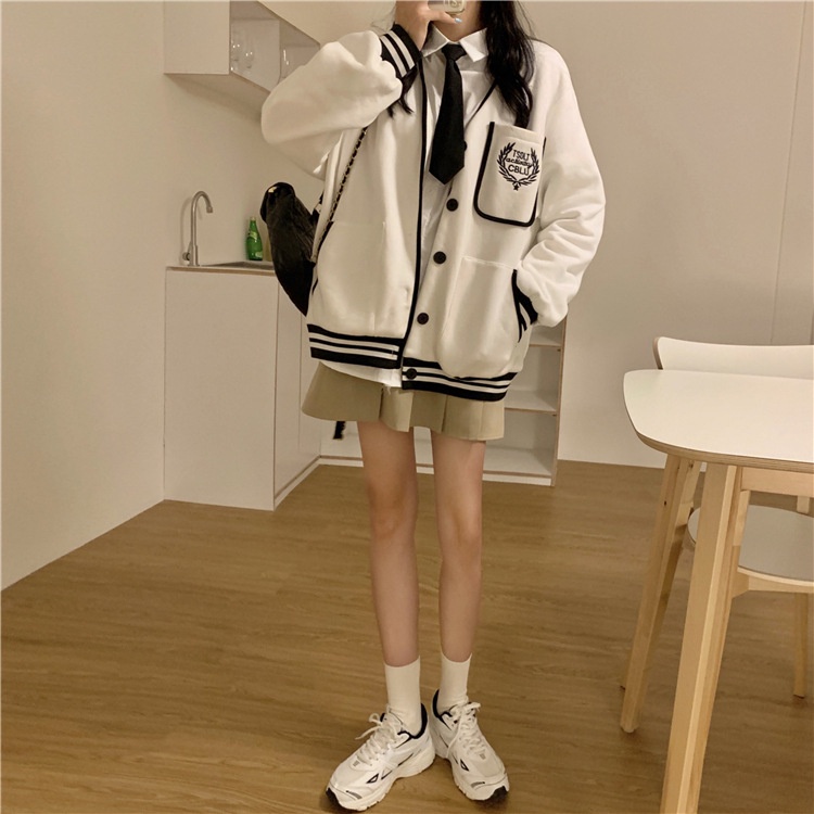 IELGY    Áo Khoác Dáng Rộng Thêu Hình plus size Phong Cách preppy Dành Cho Nữ