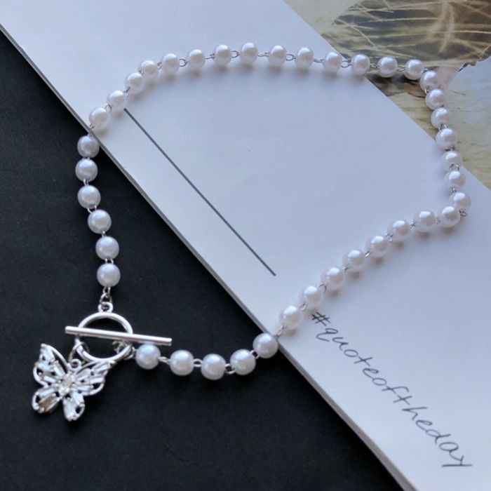 [Miễn Phí Vận Chuyển] Dây Chuyền choker Mặt Hình Bướm Khoét Rỗng Đính Đá Zircon Và Ngọc Trai Giả Phong Cách Harajuku Nhật Hàn Cá Tính 22395