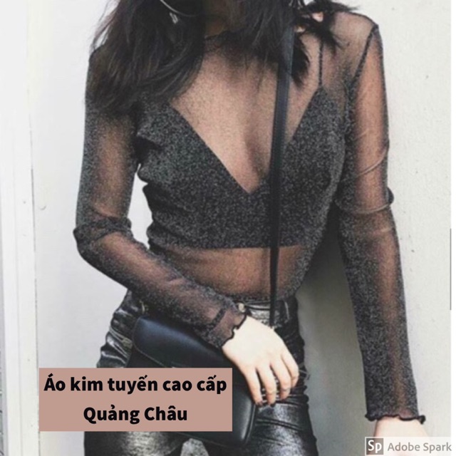 [Mã FASHIONGREEN94 giảm 10% tối đa 30K đơn 99K] Combo áo lưới kim tuyến và bra lụa satin đen quyến rũ Quảng Châu