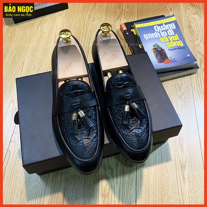 Giày Lười Nam - Giày Da Nam Công Sở Dập Vân Cá Sấu - Da Bò Nguyên Tấm Băng Chuông - Màu Đen - Mã K666