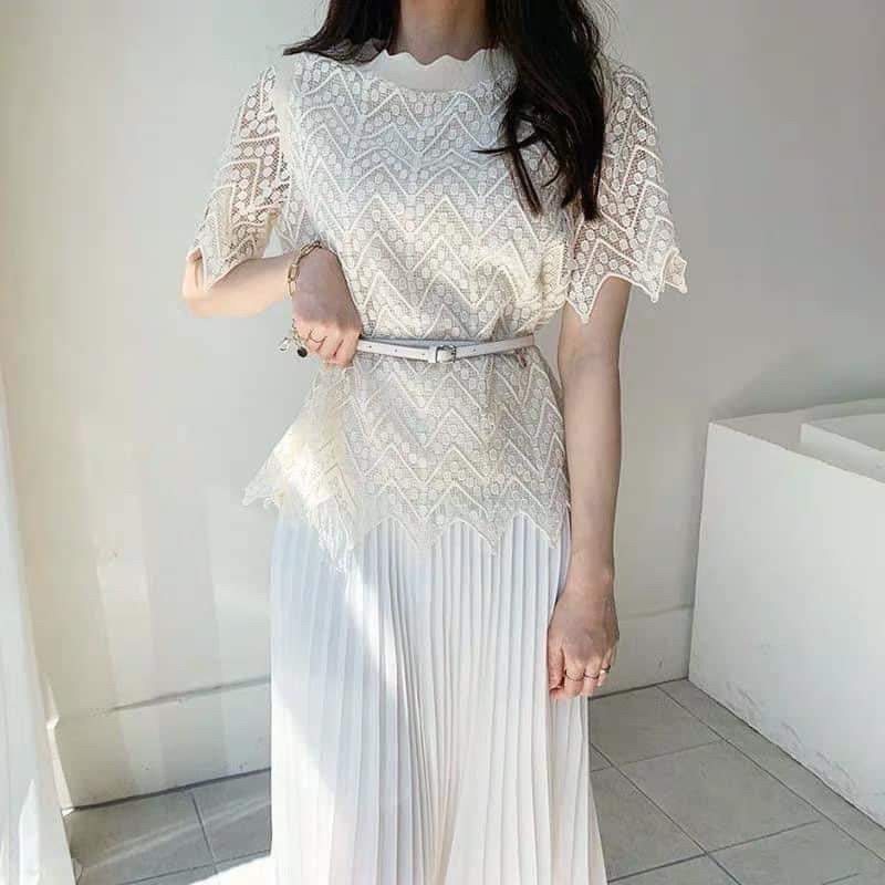 set bộ áo ren chân váy voan xếp li trắng