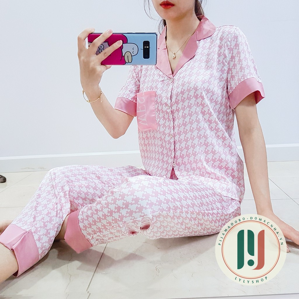 [HOÀN XU + MIỄN SHIP] Đồ bộ pijama, Đồ bộ nữ cao cấp mặc nhà họa tiết răng sói đáp túi lụa Latin mềm mịn, thoáng mát