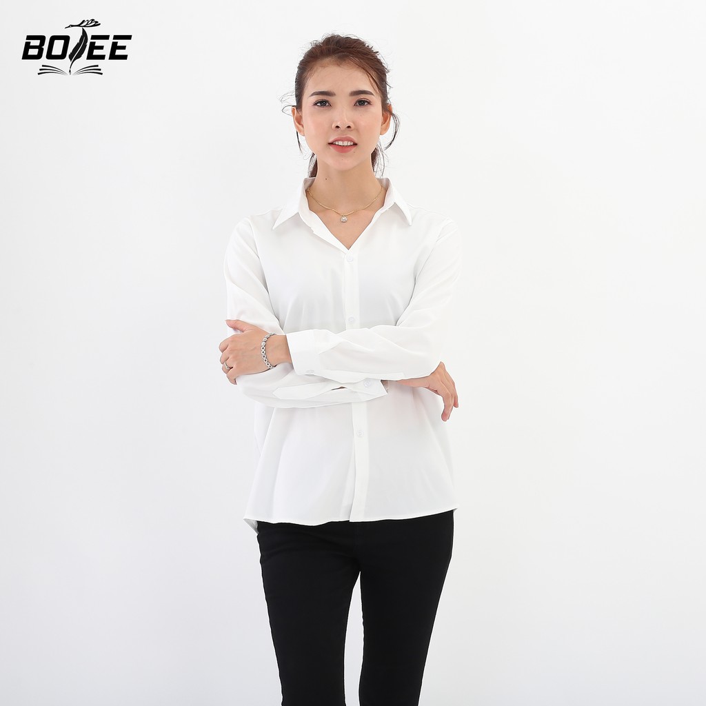 Áo sơ mi dài tay trơn Basic form rộng BOTEE hai màu trắng đen