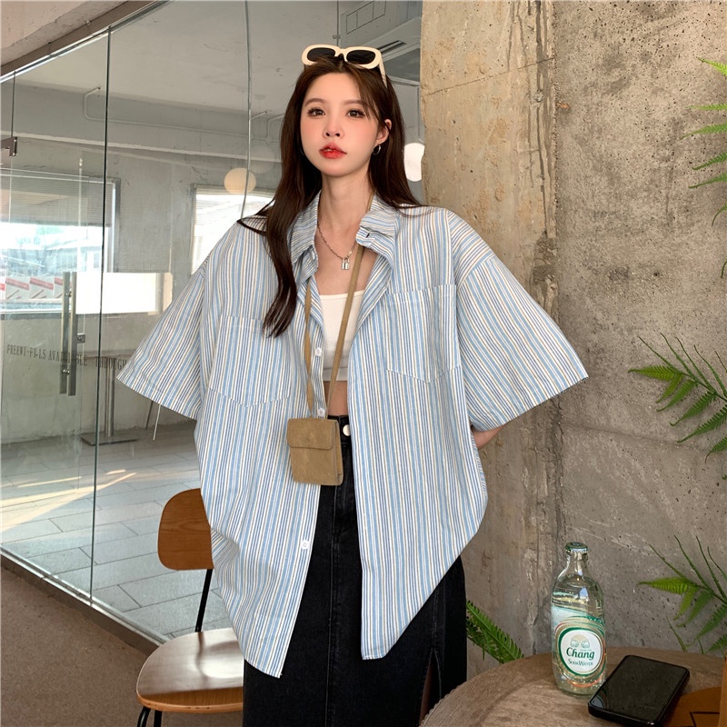 Áo Sơ Mi Tay Ngắn Họa Tiết Sọc Thời Trang Phong Cách vintage Cho Nữ