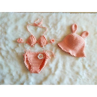 Set bikini + mũ len cho bé, đồ bơi đi biển cho bé