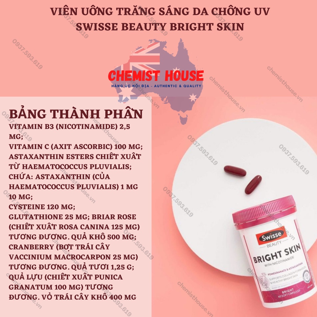 [Hàng chuẩn Úc] Viên uống trắng sáng da chống nắng cao cấp Swisse Beauty Bright Skin