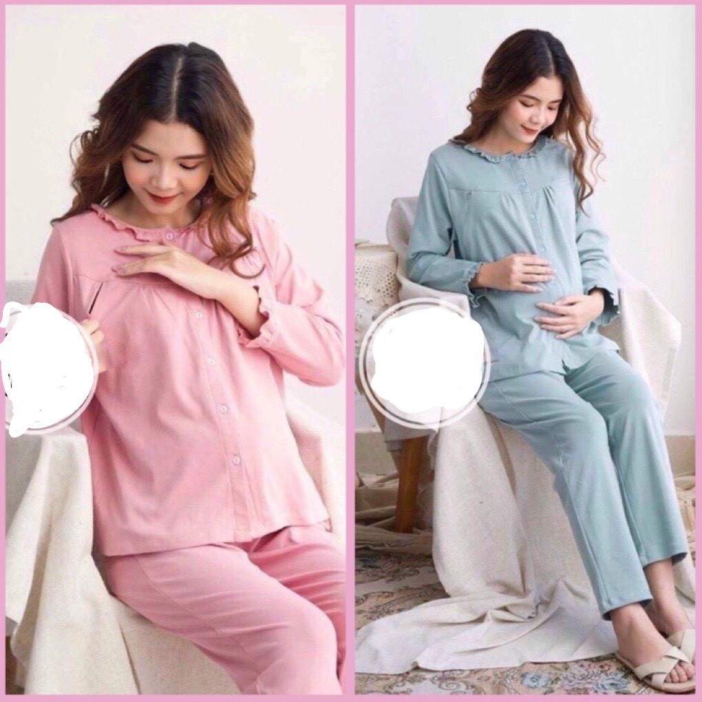 Bộ đồ bầu sau sinh mặc nhà Hàn Quốc chất cotton thoáng mát cho mẹ bầu và cho con bú BD919