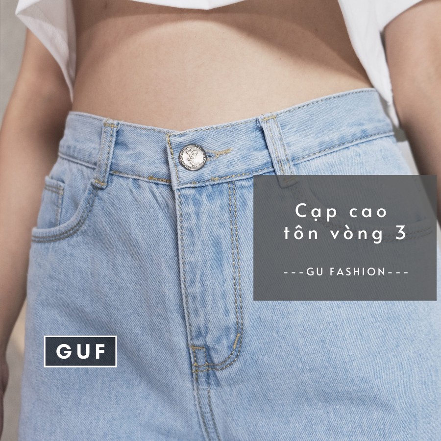 Quần Jean Nữ Ống Rộng Dáng Xuông Lửng Cạp Lưng Cao Màu Xanh Trơn Basic Thương Hiệu GUF | BigBuy360 - bigbuy360.vn
