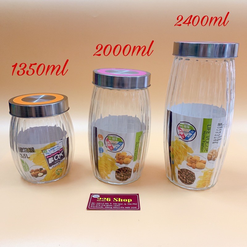 Hũ thuỷ tinh cao cấp[Nắp inox không gỉ].Có 3 size:1350ml,2000ml,2400ml