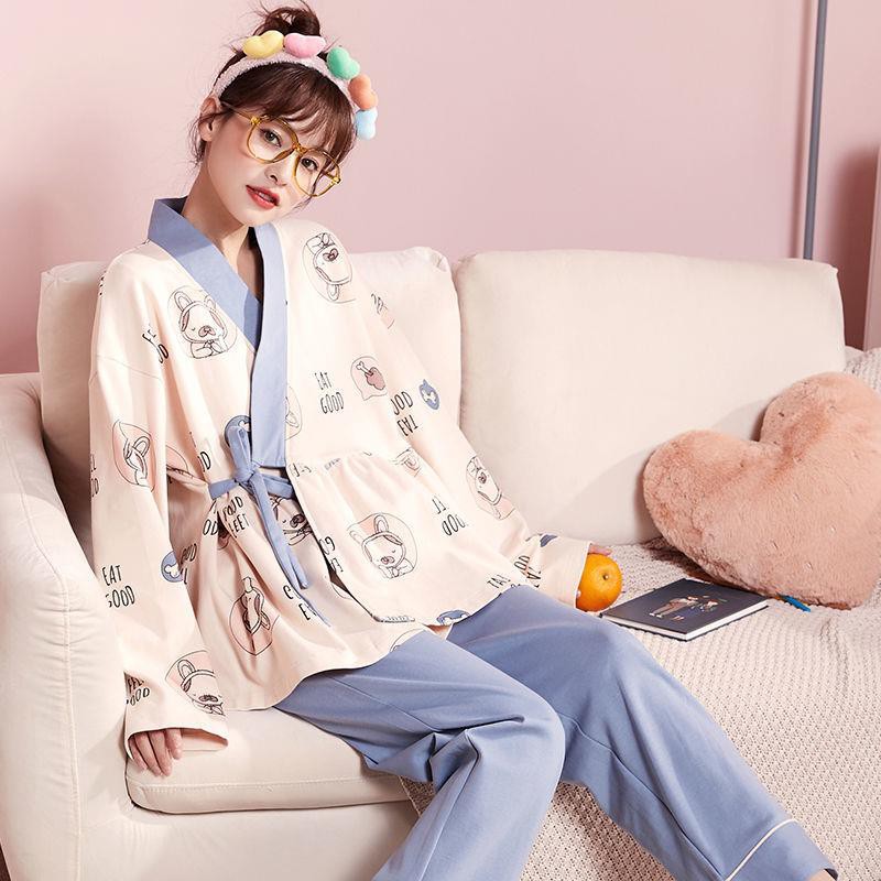 Bộ Đồ Ngủ Tay Dài Chất Cotton Dáng Rộng Phong Cách Nhật Bản Thời Trang Xuân Thu Dễ Thương Cho Nữ