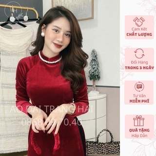 Áo dài nhung đỏ, áo dài truyền thống đỏ đô 2 tà nhung tay lỡ