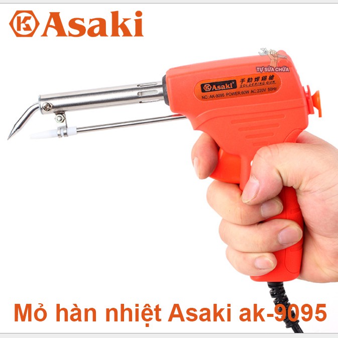 Mỏ hàn nhiệt điện tử tự động đẩy thiếc chính hãng Asaki AK-9095 60W loại xịn -  Tặng thiếc &amp; nhựa thông