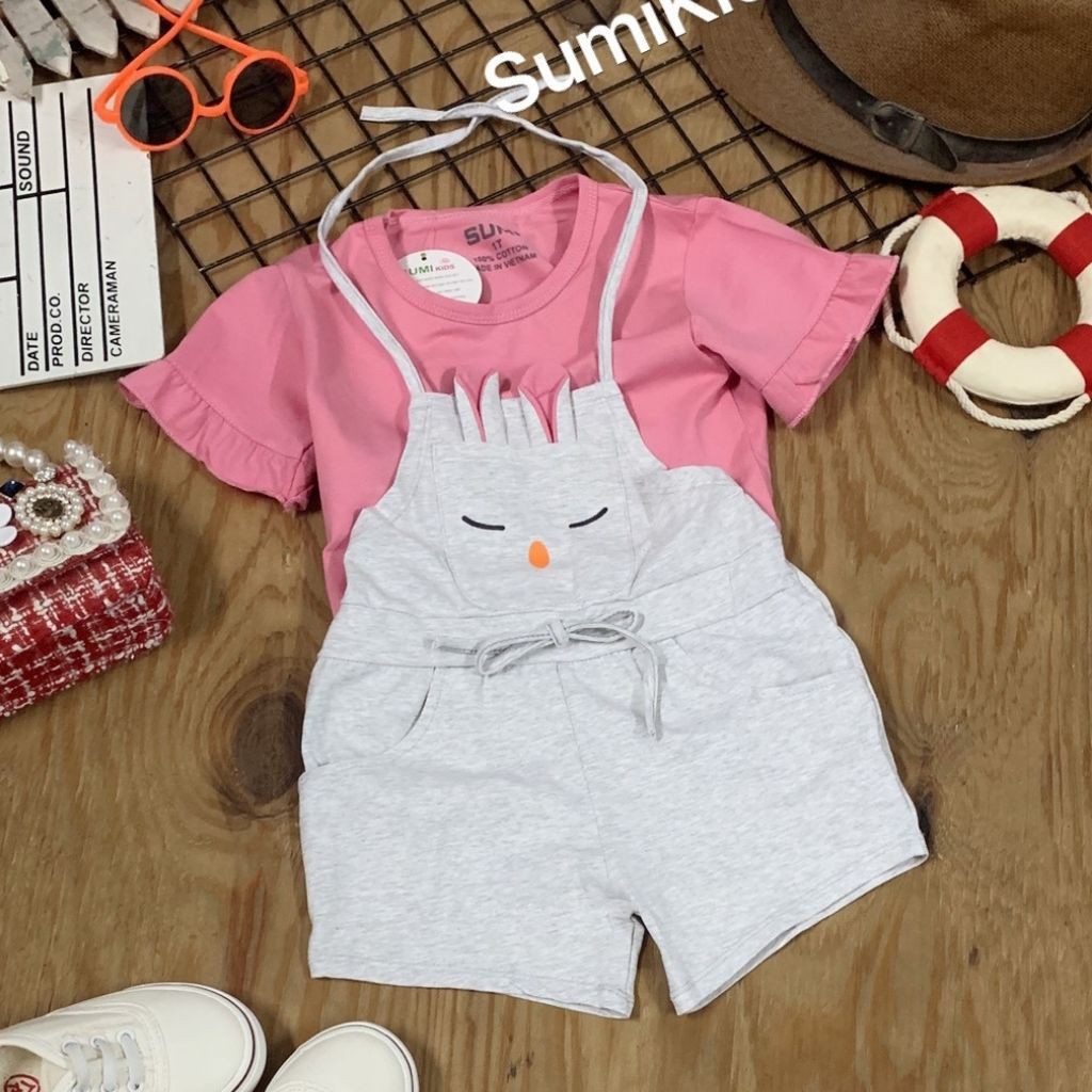 Bộ Bé Gái Yếm Tai Thỏ Dễ Thương Sumikids Sz 9-35kg