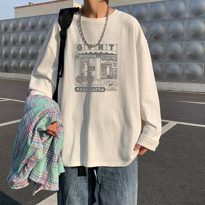 Áo Thun Dài Tay Cổ Tròn In Họa Tiết Đơn Giản Theo Phong Cách Hàn Quốc