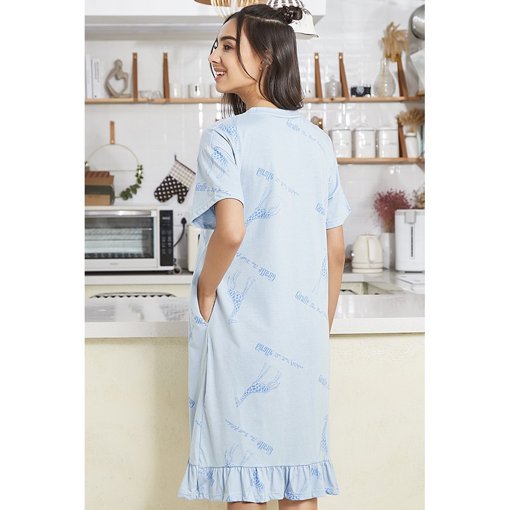 Đầm ngủ Lovito viền xếp nếp in họa tiết động vật với hai túi trẻ trung thời trang L02152 (xanh lam)
