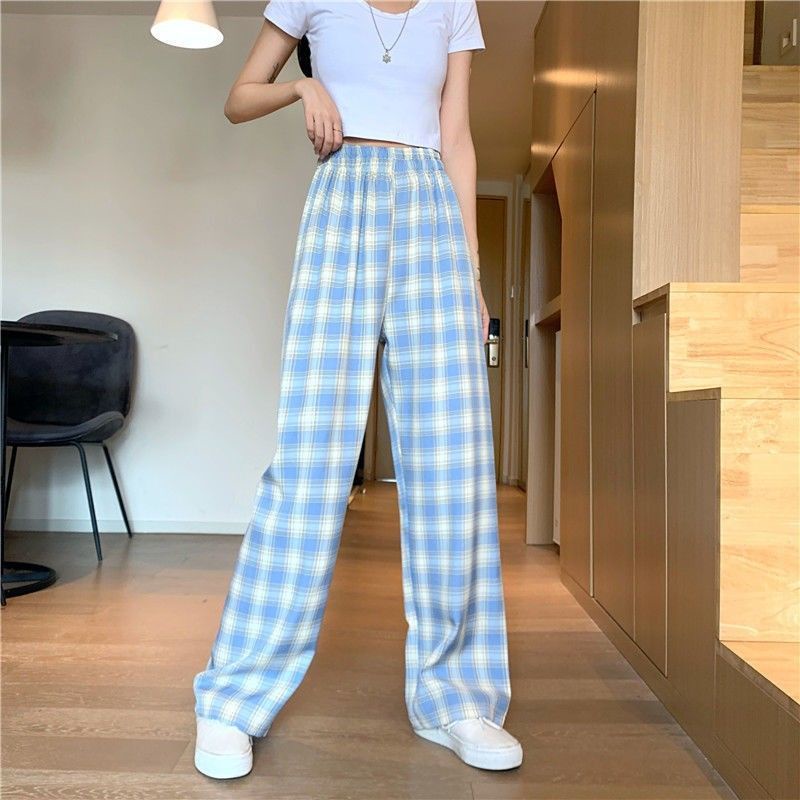 Plaid Wide Leg Pants Women Summer 2021 New High Waist Loose Straight Leg Pants Casual Pants